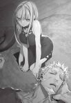  1boy 1girl absurdres aslaug_(fate) breasts dress fate:lost_einherjar fate_(series) feet grey_hair greyscale highres husband_and_wife large_breasts looking_down miwa_shirow monochrome non-web_source official_art ragnar_lodbrok_(fate) scar scar_on_face short_hair sleeping 