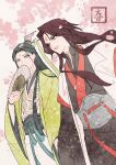  2boys black_hair black_robe black_sash cherry_blossoms chinese_clothes chinese_hairpin facial_mark falling_petals forehead_mark green_eyes green_ribbon green_robe hair_bun hair_ribbon hand_fan highres holding holding_fan layered_clothes layered_sleeves light_smile long_hair luo_binghe male_focus mandarin_collar multiple_boys open_mouth petals red_eyes red_ribbon ren_zhafan_paijizu_xitong ribbon robe sakuramochi1003 sash shen_qingqiu smile wavy_hair white_robe 