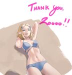  1girl alternate_costume arm_behind_head armpits bikini blue_bikini breasts green_eyes highres looking_at_viewer lying medium_breasts medium_hair on_back open_mouth pointy_ears pomelomelon princess_zelda smile solo swimsuit thank_you the_legend_of_zelda the_legend_of_zelda:_tears_of_the_kingdom 