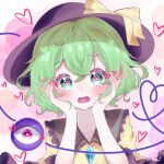  1girl 72mikan_1687 black_headwear blush bow buttons collar commentary_request crossed_bangs diamond_button double-parted_bangs eyelashes frilled_shirt_collar frills green_collar green_eyes green_hair hair_between_eyes hands_on_own_cheeks hands_on_own_face hands_up hat hat_bow heart heart-shaped_pupils highres komeiji_koishi looking_at_viewer lovestruck medium_hair open_mouth pink_background purple_eyes shirt signature simple_background solo straight-on symbol-shaped_pupils tareme third_eye touhou upper_body wavy_hair wide-eyed yellow_bow yellow_shirt 