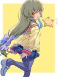  1girl akayama_yukihe black_pantyhose blue_skirt border brown_eyes clannad feet_out_of_frame grey_hair highres hikarizaka_private_high_school_uniform ibuki_fuuko jacket long_hair low-tied_long_hair pantyhose pleated_skirt sailor_collar school_uniform skirt solo starfish two-tone_background white_border white_sailor_collar yellow_background yellow_jacket 