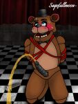  3:4 animatronic anthro bdsm bear blush bodily_fluids bondage bound cum five_nights_at_freddy&#039;s freddy_(fnaf) genital_fluids machine male mammal peeing peeing_on_ground precum robot sagefullmoon scottgames solo sweat sweatdrop 