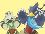  anthro avian beak blue_body blue_eyes blue_feathers blush breath_of_the_wild clothing duo feathers green_eyes leather leather_clothing male nintendo revali rito scarf sheep_riritoto smile taunting tears_of_the_kingdom the_legend_of_zelda tongue tongue_out tulin_(tloz) white_body white_feathers wings 