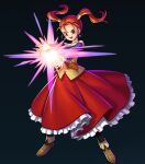  1girl breasts buckle dragon_quest dragon_quest_viii dress earrings frilled_dress frills highres huge_breasts jessica_albert jewelry large_breasts long_hair long_skirt long_sleeves looking_at_viewer non-web_source official_art orange_eyes orange_hair piercing red_skirt skirt solo standing thighhighs twintails 