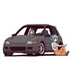  1girl aqua_bow aqua_hair bow brown_footwear closed_mouth commentary english_commentary hair_bow holding holding_wrench honda_civic jestami jumpsuit jumpsuit_around_waist kantai_collection looking_at_viewer medium_hair orange_eyes orange_jumpsuit ponytail signature simple_background solo tank_top vehicle_focus white_background white_tank_top wrench yuubari_(kancolle) 