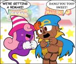  1boy 1girl absurdres blue_cape blush_stickers brown_eyes cape colored_skin covered_eyes crossover curly_hair doll_joints excited geno_(mario) ghost ghost_tail gloves hair_over_eyes happy hat highres joints long_hair mario_(series) miss_d open_mouth orange_hair paper_mario paper_mario:_the_thousand_year_door pink_hair pink_headwear pointy_hat puppet purple_skin series_connection smile starry_background striped striped_headwear super_mario_rpg vivian_(paper_mario) white_gloves witch_hat year_connection yellow_lips 