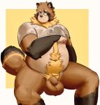  2023 anthro balls belly big_belly brown_body canid canine clothing eyewear flaccid genitals glasses kemono male mammal moobs nipples overweight overweight_male penis raccoon_dog shirt sitting solo sur12ta_(artist) tanuki topwear 