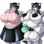  2023 5_fingers adjatha anthro balls belly big_balls big_belly big_breasts black_bottomwear black_clothing black_hair black_nipples black_pawpads black_penis black_skirt blue_eyes blush bodily_fluids bottomwear breasts clothed clothing collar condom cum cumshot ejaculation emese_(tits) erection exposure_variation eyes_closed eyewear felid filled_condom fingers fur genital_fluids genitals glasses green_condom grey_body grey_fur gynomorph hair hi_res huge_balls huge_breasts intersex inverted_nipples knot lips looking_at_viewer mammal mature_anthro mature_gynomorph mature_intersex milodan nipples open_mouth overweight overweight_anthro overweight_gynomorph overweight_intersex pantherine pawpads penis pink_clothing pink_collar pink_nose pink_sweater pink_topwear puffy_nipples rectangular_glasses sexual_barrier_device simple_background skirt snow_leopard solo spots spotted_body spotted_fur standing sweater thick_bottom_lip thick_thighs topwear turtleneck wearing_condom wearing_glasses white_background 