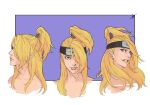  1boy adam&#039;s_apple blonde_hair blue_eyes cropped_shoulders deidara_(naruto) forehead_protector iwagakure_symbol long_hair looking_at_viewer naruto_(series) naruto_shippuuden one_eye_covered parted_lips ponytail portrait purple_background signature smile third-party_source tttpencil variations 
