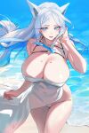  1girl beach blue_eyes blue_hair blush breasts chest_harness cleavage covered_navel dress feet_out_of_frame floating_clothes floating_hair grey_hair harness highres huge_breasts indoors long_hair looking_at_viewer maebari mechanical_ears mole mole_on_breast multicolored_hair original parted_bangs pinkmill smile solo two-tone_hair very_long_hair white_dress 