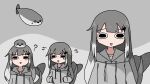  1girl ? absurdres animal_on_head black_eyes blunt_bangs commentary double-parted_bangs emesan_desu fins fish fish_on_head fish_tail flying_sweatdrops grey_background grey_hair grey_hoodie hair_ornament hands_up highres hood hood_down hoodie light_blush long_hair long_sleeves looking_at_viewer multicolored_hair multiple_views on_head open_mouth original personification sacabambaspis sidelocks simple_background sleeves_past_wrists solid_oval_eyes straight-on streaked_hair symbol-only_commentary tail triangle_mouth two-tone_background two-tone_hair upper_body 