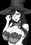  1girl adjusting_eyewear artist_name bare_shoulders brassica breasts cleavage commission detached_collar floral_print glasses greyscale hand_up hat huge_breasts lips long_eyelashes long_hair monochrome original round_eyewear solo upper_body witch_hat 
