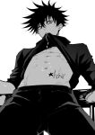  1boy abs clothes_lift commentary_request fushiguro_megumi highres hood hoodie hoodie_lift jujutsu_kaisen lifted_by_self long_sleeves male_focus monochrome mouth_hold navel pants short_hair solo spiked_hair star_tattoo stomach tattoo toned toned_male twitter_username youjo_(kurukuru9696) 