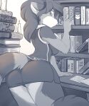  2023 absurd_res anthro arm_tuft book bookshelf breasts butt candle clothed clothing elbow_tuft eyewear female fur furniture glasses hair hi_res infinitedge librarian looking_back mammal monochrome panties solo table tuft underwear 