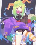  1girl absurdres breasts bubble_blowing green_hair highres horns jacket long_hair off_shoulder on_one_knee orange_eyes original pointy_ears purple_jacket single_thighhigh slit_pupils small_breasts solo striped striped_thighhighs tail teoskyrios thigh_strap thighhighs 