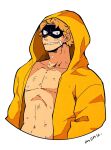  1boy bandaid bandaid_on_face blonde_hair boku_no_hero_academia fat_gum_(boku_no_hero_academia) highres hood hoodie light_smile monu muscular muscular_male navel pectorals signature simple_background solo teeth upper_body white_background yellow_eyes yellow_hoodie 