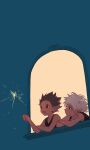  2boys black_hair black_tank_top blue_eyes brown_eyes closed_mouth fireworks gon_freecss highres holding holding_fireworks hunter_x_hunter kiko killua_zoldyck male_focus multiple_boys open_mouth sparkler spiked_hair tank_top upper_body white_hair 