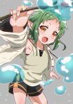  1girl ahoge armpits black_shorts elf green_hair holding holding_wand hood hooded_jacket jacket mushoku_tensei orange_eyes pointy_ears short_eyebrows short_hair shorts solo sylphiette_(mushoku_tensei) wand water white_jacket yokoshima_(euphoria) 