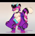  anthro black_bars blue_penis collar crouching fur genitals hi_res horn knot letterbox male penis presenting purple_body purple_fur rawrxavier solo spiked_collar spikes stripes tongue tongue_out xripy 