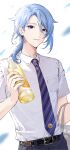  1boy absurdres bag belt blue_hair blue_necktie blue_pants bottle food fruit genshin_impact grey_bag hair_between_eyes highres holding holding_bag holding_bottle juice kamisato_ayato kamisato_ayato_(heytea) kkopoli lemon male_focus mole mole_under_mouth necktie open_mouth pants purple_eyes shirt short_hair smile solo striped_necktie white_shirt 