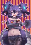 1girl animal_ears aqua_eyes bare_shoulders big_hair black_hair bone_necklace breasts buttons candy cerberus_(kemono_friends) cleavage collar collarbone cutoffs dog_ears elbow_gloves fangs fingerless_gloves food gloves glowing glowing_hair groin hair_between_eyes highres holding jewelry kemono_friends kosai_takayuki lizard_tail lollipop looking_at_viewer lowleg lowleg_shorts midriff mouth_hold multicolored_hair navel one_eye_closed open_clothes open_mouth open_shorts pantyhose_under_shorts pendant purple_hair revision scar scar_across_eye scar_on_face short_shorts shorts smile solo spiked_collar spikes stomach strapless striped striped_background tail thigh_strap tube_top two-tone_hair two_side_up unbuttoned 
