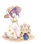  1girl ahoge armpits artist_request bikini bikini_skirt blush breasts bucket cleavage earrings fang hat jashin-chan_dropkick jewelry looking_at_viewer medusa_(jashin-chan_dropkick) navel open_mouth purple_eyes purple_hair sand_castle sand_sculpture sandals short_hair simple_background small_breasts smile solo source_request straw_hat swimsuit white_background 
