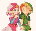  1boy 1girl ahoge belt blonde_hair blue_eyes blue_shirt blush brown_belt closed_eyes cowboy_shot dress green_headwear green_tunic grin hat highres holding_hands link long_dress mob_cap open_mouth parted_bangs pink_dress pointy_ears princess_zelda shirt shirt_under_dress short_hair sidelocks smile teeth the_legend_of_zelda the_legend_of_zelda:_ocarina_of_time tokuura twitter_username 