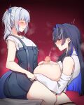  2girls black_panties blue_hair blunt_ends blush breasts breath closed_eyes commission cum cum_on_body cum_on_breasts cum_on_hair dice_hair_ornament from_side futa_with_female futanari gawr_gura grey_hair hair_ornament highleg highleg_panties highres hololive hololive_english huge_breasts long_hair looking_down medium_hair multicolored_hair multiple_girls open_mouth ouro_kronii paizuri panties penis pixiv_commission rikuguma sitting thighs trembling two-tone_hair underwear virtual_youtuber 