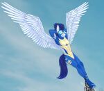  2023 abs absurd_res anthro anthrofied blue_body blue_feathers blue_hair blue_tail clothing digital_media_(artwork) equid equine eyewear feathered_wings feathers fluffyorbiter flying friendship_is_magic goggles hair hasbro hi_res male mammal my_little_pony pegasus sky smile soarin_(mlp) solo spread_wings tail uniform wings wonderbolts_(mlp) wonderbolts_uniform 