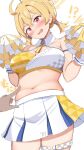  !? 1girl 1other absurdres ahoge belly_poke blonde_hair blue_archive breasts cheerleader cleavage commentary_request halo highres holding holding_pom_poms kotori_(blue_archive) kotori_(cheer_squad)_(blue_archive) large_breasts millennium_cheerleader_outfit_(blue_archive) nagomian navel official_alternate_costume plump pom_pom_(cheerleading) red_eyes short_hair short_twintails simple_background skirt solo_focus triangle_halo twintails white_background white_skirt yellow_halo 