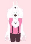  2023 anthro bear biped black_nose blush bottomwear canid canine canis clothing domestic_dog eyes_closed fur group hi_res kemono mammal panda_po pants shirt sitting suspenders topwear white_body white_fur 