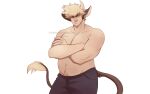  1boy alternate_muscle_size animal_ears bakugou_katsuki bara belly boku_no_hero_academia cow_boy cow_ears cow_tail crossed_arms feet_out_of_frame frown highres kemonomimi_mode large_pectorals looking_at_viewer male_focus muscular muscular_male navel navel_hair pants pectorals petrichorcrown short_hair solo spiked_hair stomach strongman_waist tail thick_eyebrows topless_male 