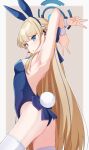  1girl animal_ears armpits arms_up ass bare_shoulders blonde_hair blue_archive blue_eyes blue_leotard blush breasts cleavage closed_mouth detached_collar double_v earpiece fake_animal_ears fake_tail hair_ribbon highleg highleg_leotard highres leotard long_hair looking_at_viewer nenosame official_alternate_costume playboy_bunny rabbit_ears rabbit_tail ribbon small_breasts smile solo strapless strapless_leotard tail toki_(blue_archive) toki_(bunny)_(blue_archive) v very_long_hair wrist_cuffs 