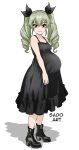  1girl absurdres anchovy_(girls_und_panzer) black_dress breasts closed_mouth dress drill_hair girls_und_panzer green_hair hair_ribbon highres long_hair looking_at_viewer pregnant red_eyes ribbon sado_art signature simple_background small_breasts smile solo twin_drills twintails white_background 