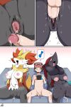  2:3 absurd_res after_sex anthro areola balls big_breasts black_pussy blush bodily_fluids breasts canid canine cum cum_in_pussy cum_inside delphox erection female fur generation_5_pokemon generation_6_pokemon genital_fluids genitals hair hi_res human inner_ear_fluff interspecies larger_anthro larger_female male male/female male_penetrating mammal nintendo nipples nude penetration penis pink_areola pink_nipples pokemon pokemon_(species) pokephilia pussy san_ruishin sex size_difference smaller_human smaller_male tuft vaginal yellow_body yellow_fur zoroark 