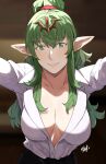  1girl alternate_costume assertive_female breasts cleavage fire_emblem fire_emblem_awakening green_eyes green_hair highres kabedon_on_viewer large_breasts long_hair looking_at_viewer no_bra office_lady pointy_ears ponytail sakuremi smile solo tiara tiki_(adult)_(fire_emblem) tiki_(fire_emblem) watermark 