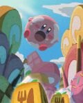  blue_eyes blush_stickers cake cookie food food_focus highres kirby kirby&#039;s_dream_buffet kirby_(series) looking_at_viewer miclot no_humans open_mouth pink_footwear pocky shoes sprinkles swiss_roll 