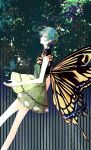  1girl absurdres blue_hair butterfly_wings dress eternity_larva feet_out_of_frame from_side green_dress highres leaf leaf_on_head looking_at_viewer oiviie open_mouth red_eyes short_hair sideways_glance sleeveless sleeveless_dress solo touhou wings 