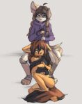  2023 4_toes ahoge anthro apogee_(tinygaypirate) barefoot braided_hair breasts canid canine canis claws clothed clothing digital_media_(artwork) domestic_dog duo feet female female_anthro floppy_ears fur hair hi_res hoodie kemono long_hair mammal navel off_shoulder panties pantsless paws piercing small_breasts spitz tail tattoo tinygaypirate toe_claws toes topwear underwear 
