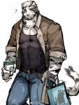  1boy animal_ears arknights bag bara black_tank_top brown_jacket casual christory_yyb covered_abs covered_navel cup denim disposable_cup facial_hair feet_out_of_frame frown furry furry_male goatee highres holding holding_cup jacket jeans large_pectorals looking_at_viewer male_focus mountain_(arknights) muscular muscular_male open_clothes open_jacket pants pectoral_cleavage pectorals shopping_bag short_hair sketch sleeves_rolled_up solo tank_top thick_eyebrows tiger_boy tiger_ears white_fur 