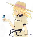  1girl 87banana ahoge alternate_hairstyle artoria_pendragon_(fate) black_bow blonde_hair blue_butterfly bow bug butterfly butterfly_on_hand fate/stay_night fate_(series) green_eyes hat official_alternate_costume saber solo sun_hat white_background 
