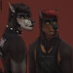  1:1 acidwuff anthro black_clothing black_collar black_topwear brown_hair brown_nipples canid clothed clothing collar duo ear_piercing ear_ring facial_piercing fangs fur gauged_ear grey_body grey_fur hair hi_res larry_(acidwuff) looking_at_viewer male mammal mouth_closed narrowed_eyes nipples nose_piercing orange_body orange_eyes orange_fur piercing red_background red_hair ring_piercing septum_piercing short_hair simple_background spiked_collar spikes teeth topwear yellow_sclera 