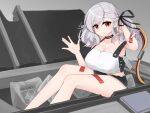  1girl absurdres arm_behind_head black_shorts breasts cable choker cleavage collarbone dolphin_shorts girls&#039;_frontline grey_hair grin highres in_container large_breasts legs long_hair looking_at_viewer nabiyan red_eyes shorts smile solo spas-12_(girls&#039;_frontline) waving 