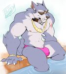  abs anthro biceps blue_body bulge canid canine canis clothed clothing collar detailed_bulge dislyte dragondrawer ear_piercing eyewear freddy_(dislyte) fur hi_res humanoid male mammal muscular muscular_anthro muscular_male nipples pecs piercing poolside scar simple_background sitting solo speedo speedo_only sunglasses swimwear topless white_body wolf 