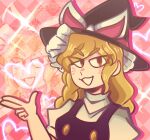  1girl :d black_shirt blonde_hair bow braid buttons collar d_vaaaah drawn_whiskers drop_shadow finger_gun hat hat_bow highres kirisame_marisa looking_at_viewer pink_ribbon ribbon shirt side_braid single_braid smile touhou unfinished_dream_of_all_living_ghost white_collar witch_hat 