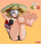  1girl angel_(kof) blue_eyes breasts feet finger_horns gloves hair_over_one_eye hat horns_pose index_fingers_raised large_breasts looking_at_viewer mexico open_mouth poncho seishinashi short_hair smile snk soles solo sombrero the_king_of_fighters toes white_hair 