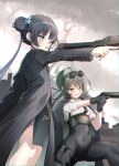  2girls absurdres aiming beretta_92 black_dress black_gloves black_hair blue_archive butterfly_hair_ornament china_dress chinese_clothes coat commentary_request covered_navel double_bun dragon_print dress eyewear_on_head feet_out_of_frame gloves green_hair green_halo grey_coat grey_eyes grey_halo gun hair_bun hair_ornament hair_over_one_eye halo handgun high-waist_pants highres holding holding_gun holding_weapon kisaki_(blue_archive) long_hair long_sleeves looking_to_the_side mina_(blue_archive) multiple_girls nanahoshi_teru open_mouth outdoors pants pelvic_curtain pinstripe_jacket pinstripe_pattern print_dress red_eyes shirt short_dress side_slit skin_tight smoke smoking standing striped sunglasses twintails vertical-striped_coat weapon white_shirt 