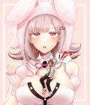  !? 1boy 1girl :o ahoge animal_ears animal_hood bare_shoulders black_leotard blunt_bangs blush breasts brown_background brown_hair cleavage collarbone danganronpa_(series) danganronpa_2:_goodbye_despair detached_collar fake_animal_ears fishnet_thighhighs fishnets flipped_hair galaga hair_ornament hands_up heart highres hinata_hajime hood large_breasts leotard medium_hair mini_person miniboy muspu_(rghp5874) nanami_chiaki neck_ribbon pink_eyes pink_ribbon playboy_bunny rabbit_ears rabbit_hood ribbon speech_bubble teeth thighhighs two-tone_leotard upper_teeth_only white_leotard 