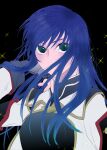  1girl blue_hair fingerless_gloves gloves green_eyes hair_flowing_over long_hair looking_at_viewer maria_traydor simple_background solo sparkle star_ocean star_ocean_till_the_end_of_time weave 