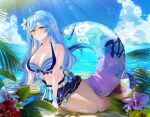  1girl absurdres ahoge alternate_costume arm_support aya02ka ball bare_legs barefoot beach beachball belt bikini bikini_skirt blue_bikini blue_bow blue_hair blue_nails blue_sky blurry blurry_foreground blush bow breasts chain cleavage cloud cloudy_sky day expressionless flower full_body hair_between_eyes hair_flower hair_intakes hair_ornament halterneck heart heart_ahoge highres hololive hololive_summer_2023_swimsuit innertube large_breasts lens_flare light_blue_hair light_rays long_hair looking_at_viewer multicolored_hair nail_polish ocean outdoors parted_lips pointy_ears sitting sky solo streaked_hair striped striped_bikini sunlight sweat swimsuit thigh_strap virtual_youtuber white_belt wristband yellow_eyes yokozuwari yukihana_lamy 